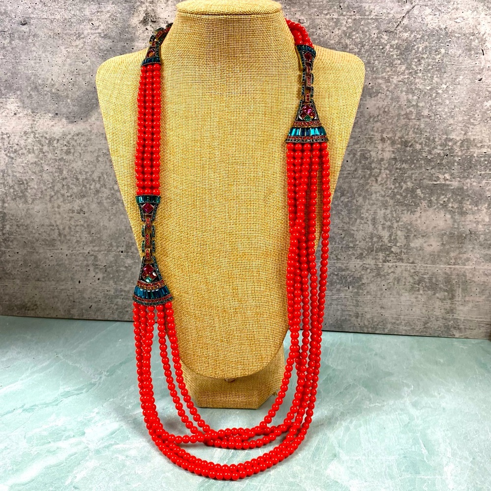 Heidi Daus Art Deco coral red and teal necklace bracelet combo